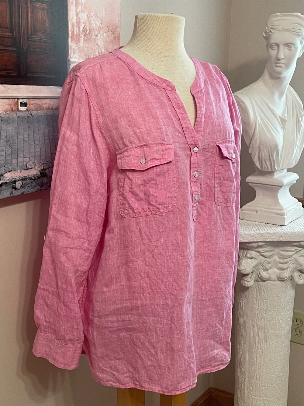 Talbots 100% Linen  Pink Popover Long orc3/4 Length Sleeve XL